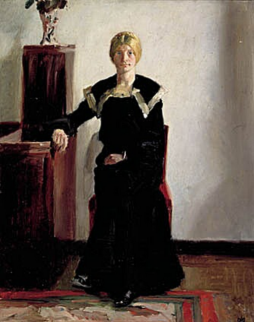 Intérieur de la maison de l'artiste. Une jeune femme en robe noire est représentée. - Michael Peter Ancher