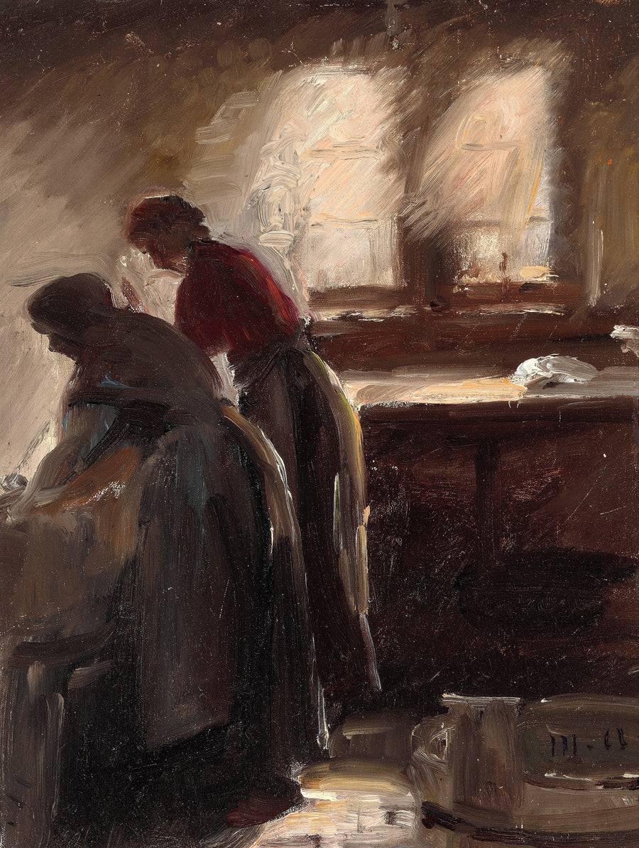 Intérieur de cuisine avec deux femmes qui travaillent. - Michael Peter Ancher