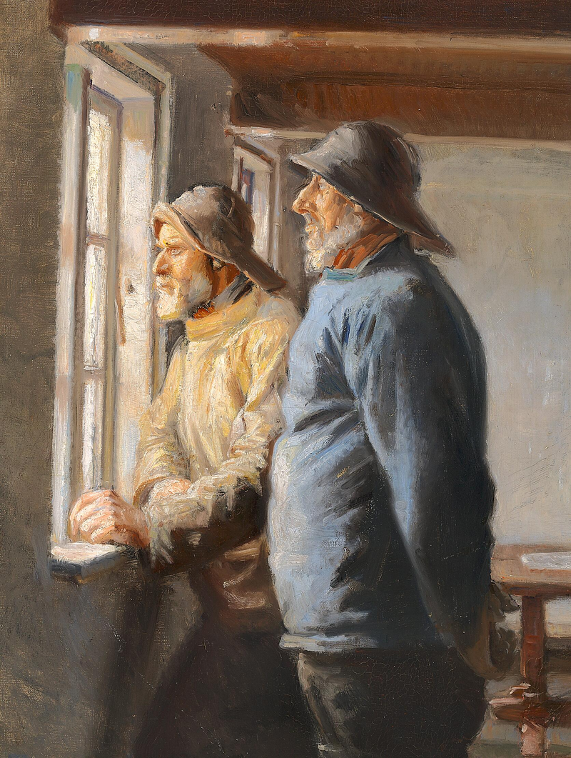 Deux pêcheurs de Skagen observent la mer par une fenêtre. - Michael Peter Ancher