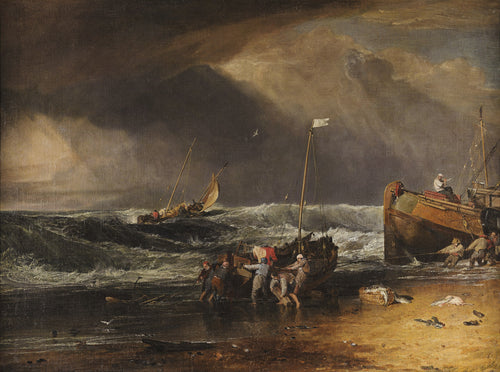 En kustscen med fiskare som drar en båt i land - J. M. W. Turner
