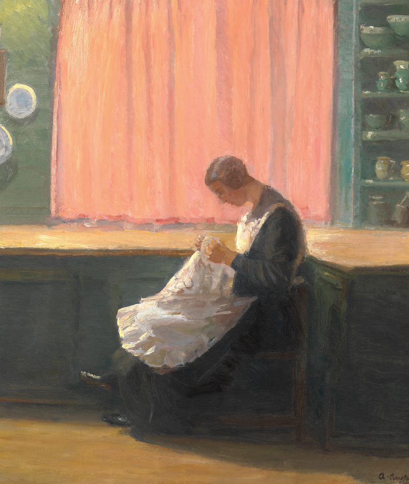 Mot slutet av dagen. Ung flicka som syr. - Anna Ancher