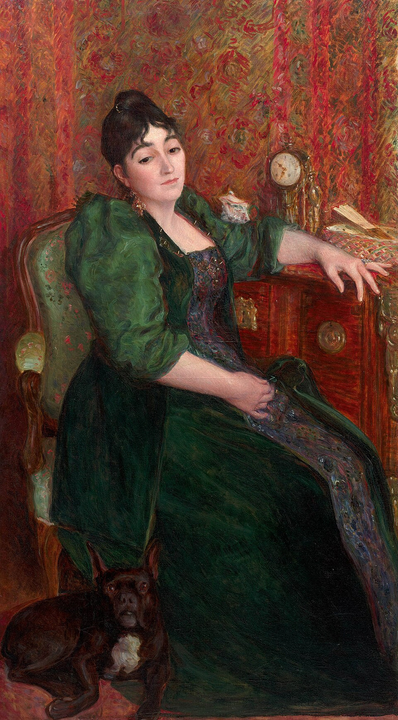 Självporträtt av konstnären i en fåtölj tillsammans med Bob, hennes franska bulldog - Marie Bracquemond