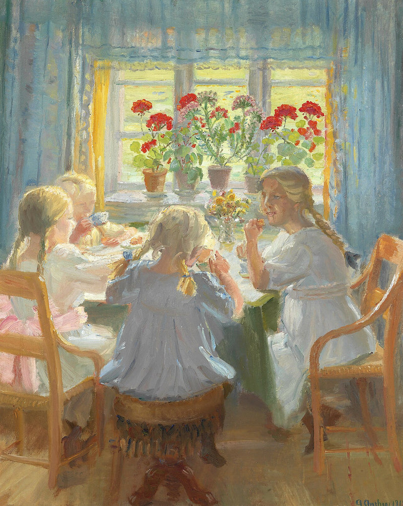 Små flickor dricker te i Nordstuen i Anchers huset på Markvej, Skagen. - Anna Ancher