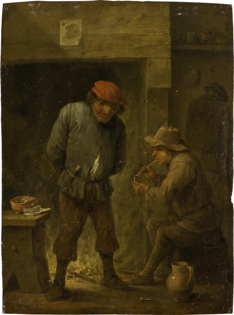 Två bönder vid eldstaden - David Teniers den yngre