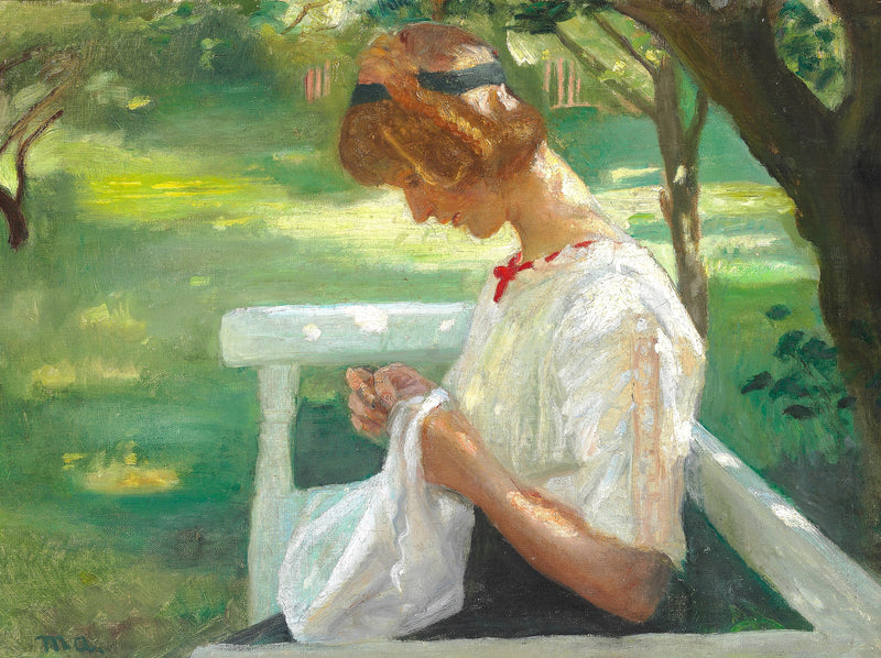 Ella Saxild coud dans le jardin par une journée d'été. - Michael Peter Ancher