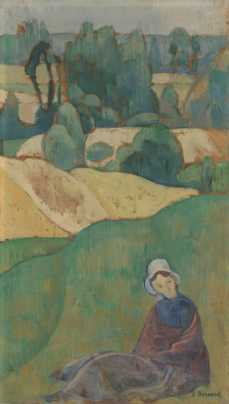Kvinna sittande i ett fält: Bretagne - Émile Bernard
