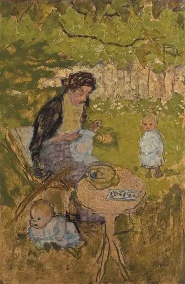 Kvinna som syr i en trädgård (med barn) - Pierre Bonnard