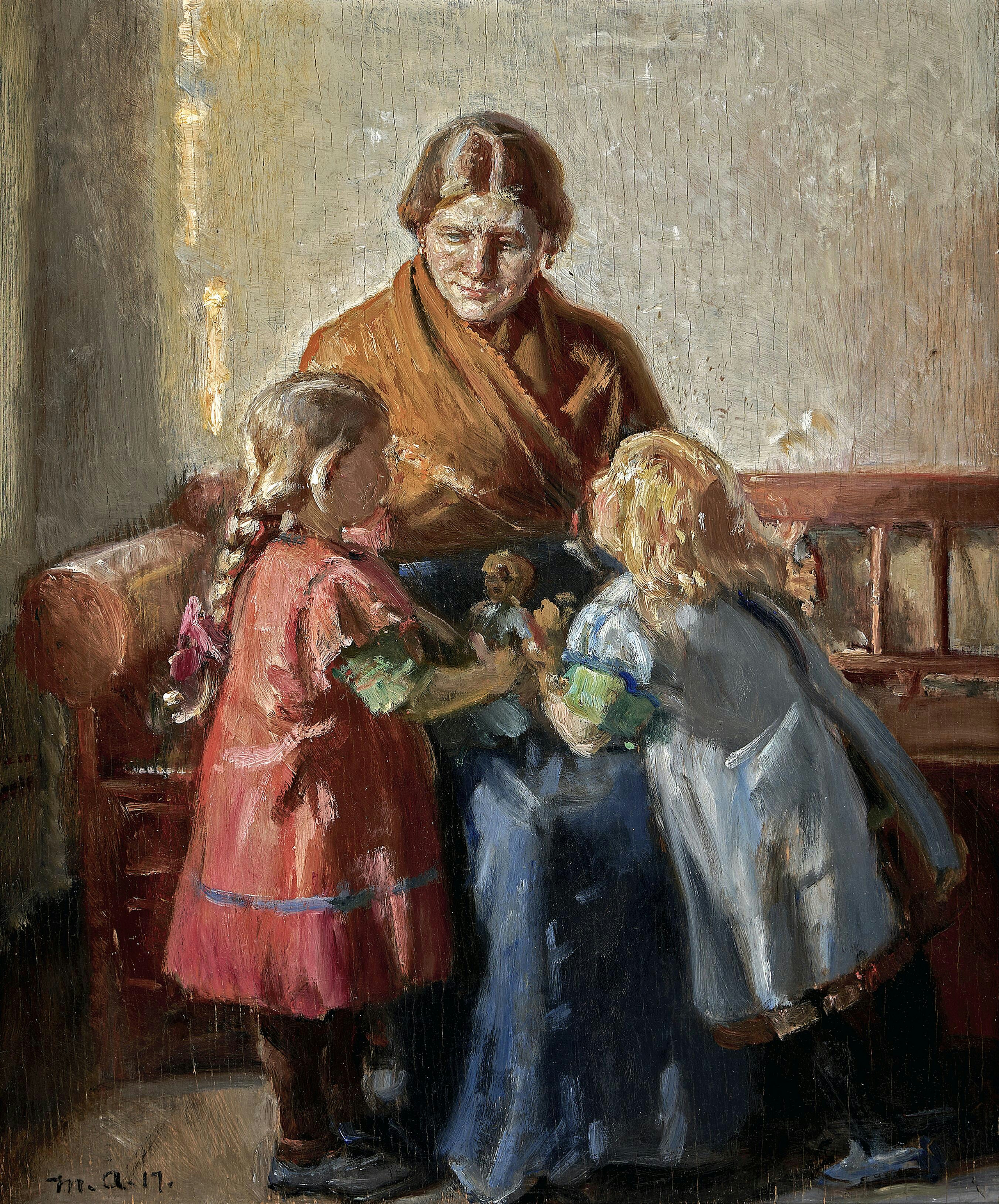 Intérieur avec une femme et deux enfants. - Michael Peter Ancher