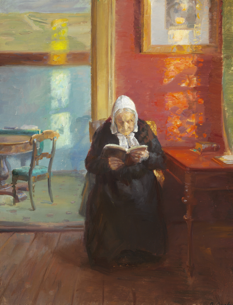 Interiör av det röda rummet med konstnärens mor, Ane Brøndum, som läser - Anna Ancher