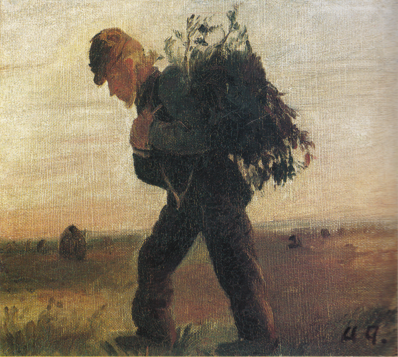 Per Bollerhus, hans käpp av kvistar i handen, korsar heden - Anna Ancher