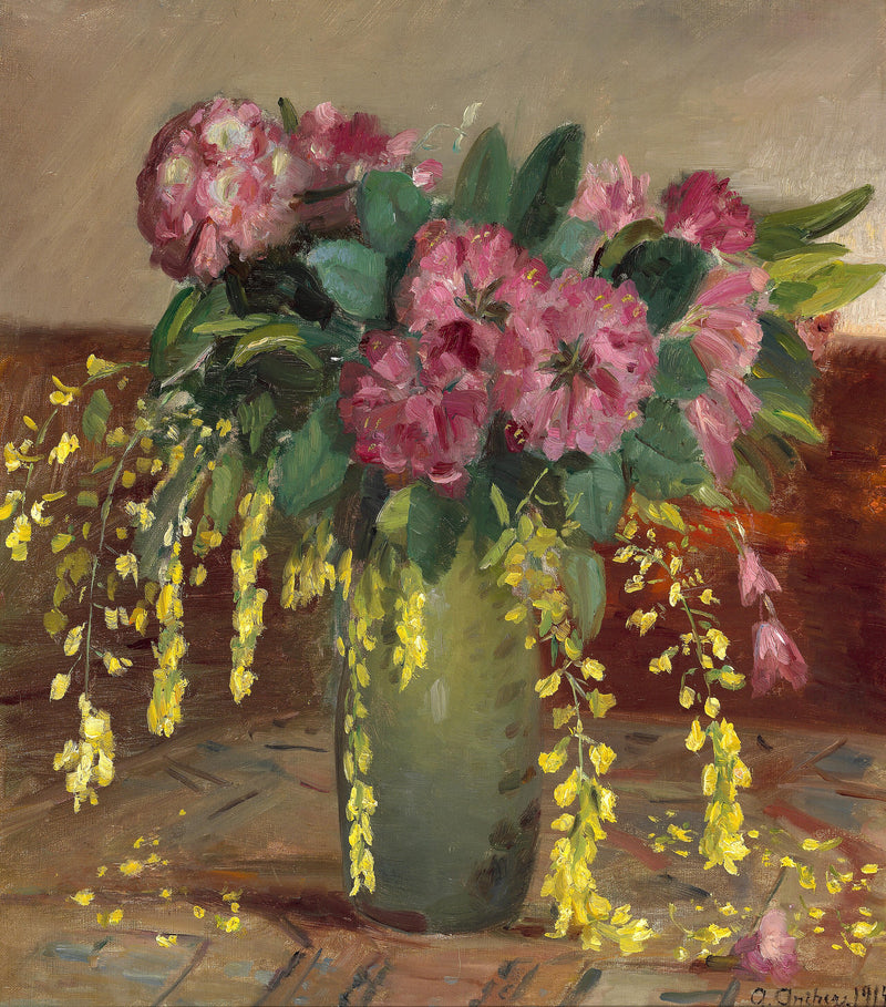 Rhododendronrosor och cytis i en grön vas - Anna Ancher