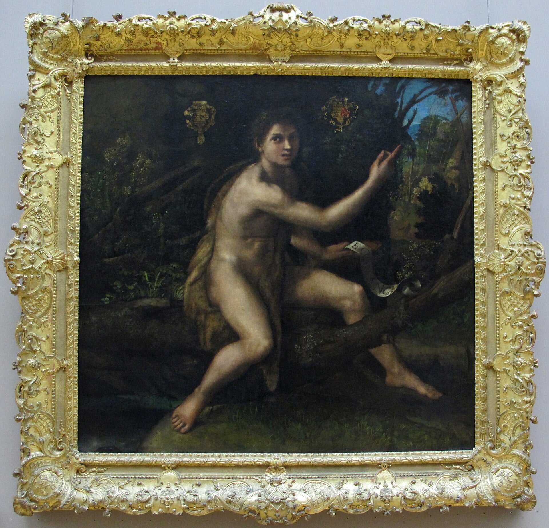 Sankt Johannes Döparen i öknen pekande på Korset av Passionen - Raphael Sanzio