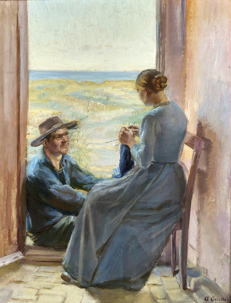 Ett ungt par i Skagen sittande i en dörröppning med utsikt över stranden och havet. - Anna Ancher