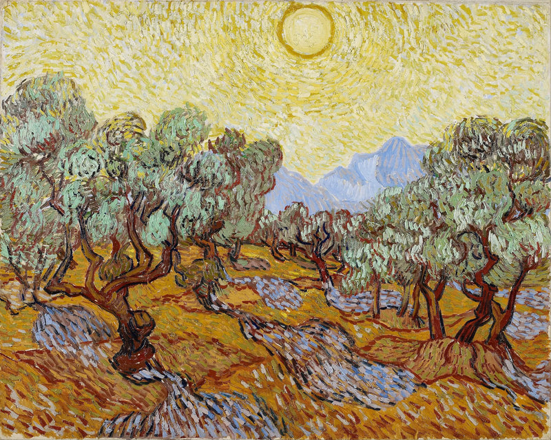 Olivträd med gul himmel och sol - Vincent van Gogh
