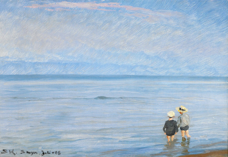 Den blå timmen. Två barn paddlar på stranden i Skagen. - Peder Severin Krøyer
