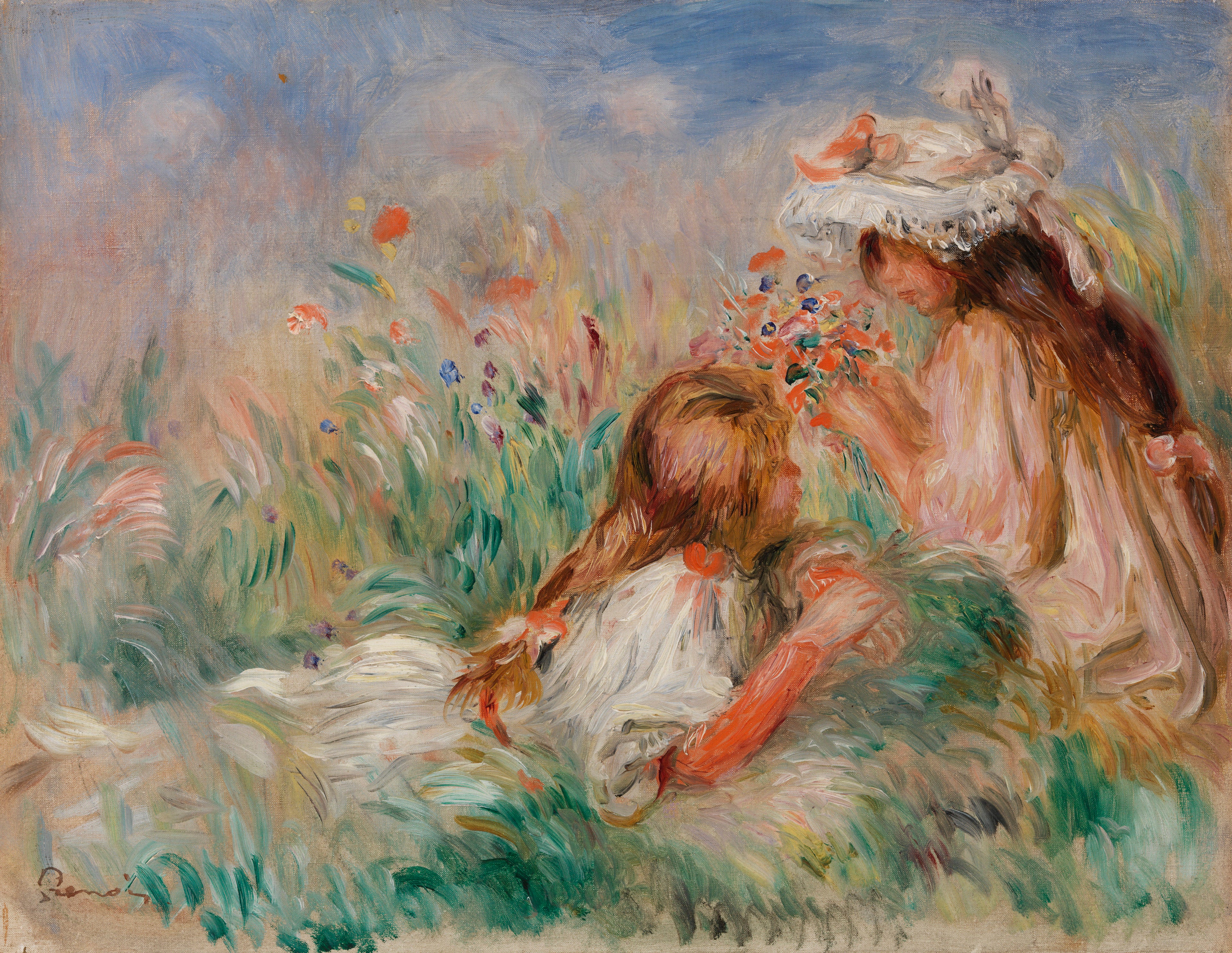 Reproduction du tableau « Fillette couchée sur l'herbe et jeune fille arrangeant un bouquet - Pierre-Auguste Renoir » par Alpha Reproduction en peinture à l’huile