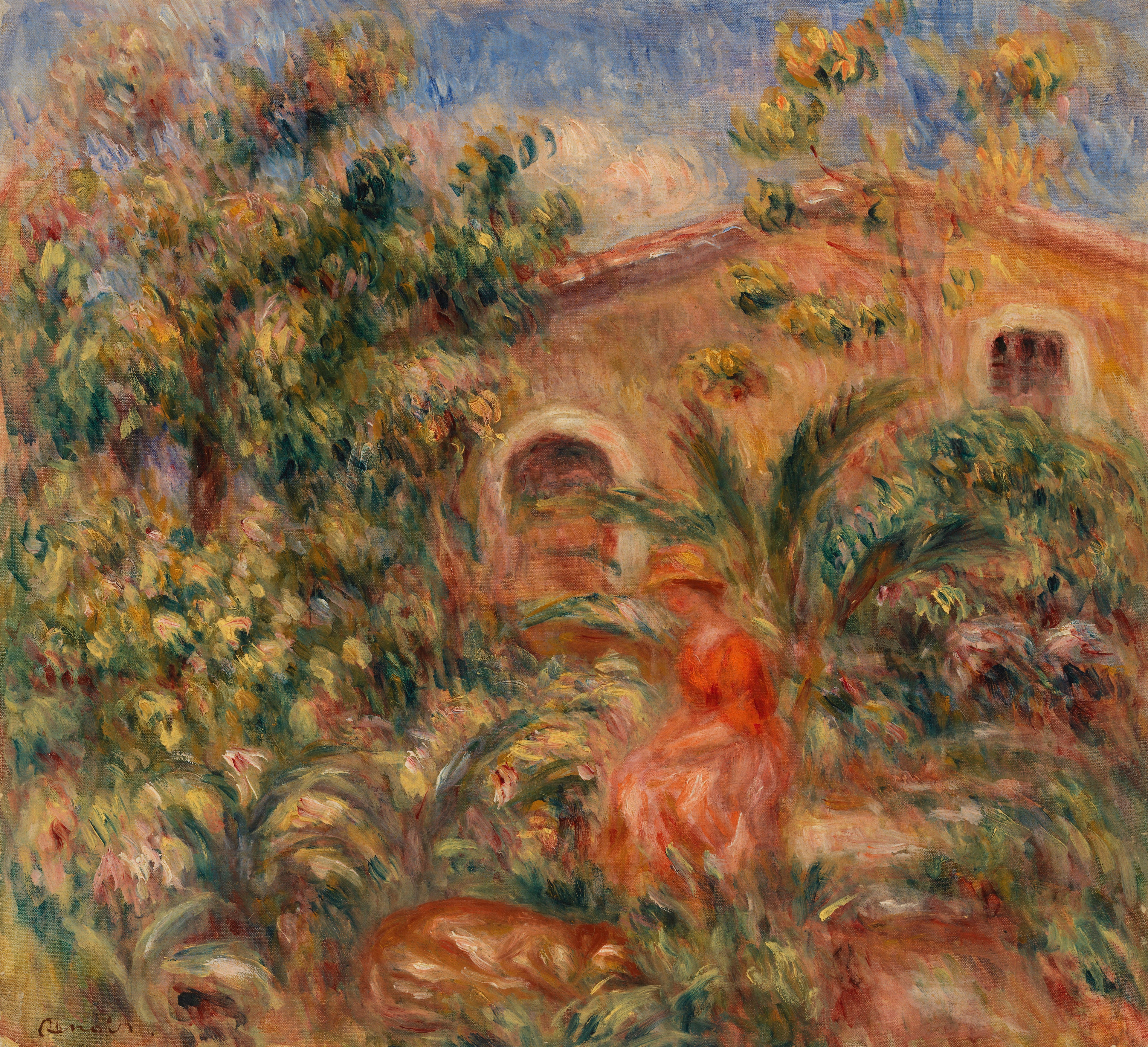 Reproduction du tableau « Paysage avec femme et chien (Femme et chien dans un paysage) - Pierre-Auguste Renoir » par Alpha Reproduction en peinture à l’huile