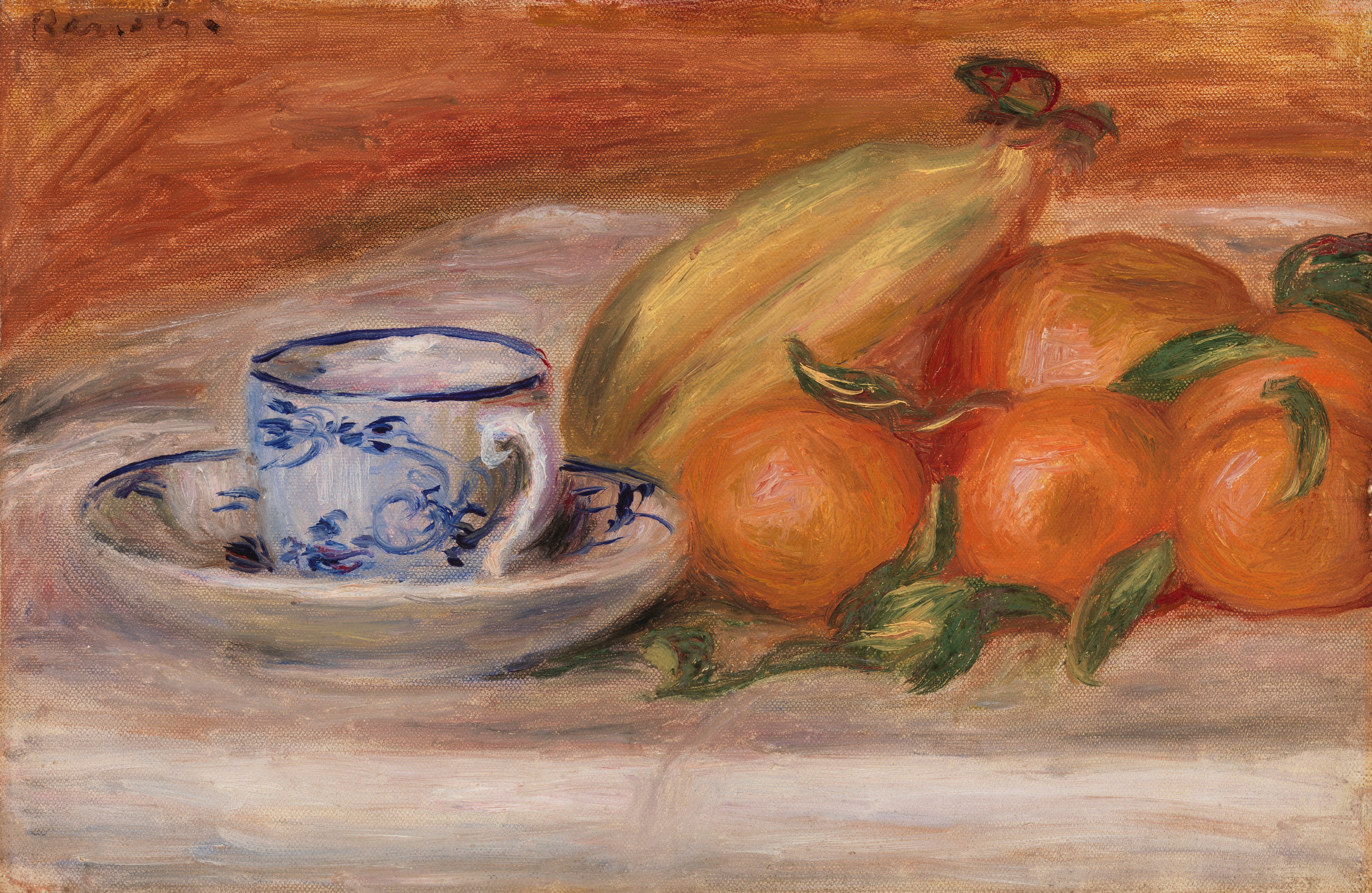 Reproduction du tableau « Oranges, bananes et tasse de thé (Oranges, bananes et tasse de thé) - Pierre-Auguste Renoir » par Alpha Reproduction en peinture à l’huile
