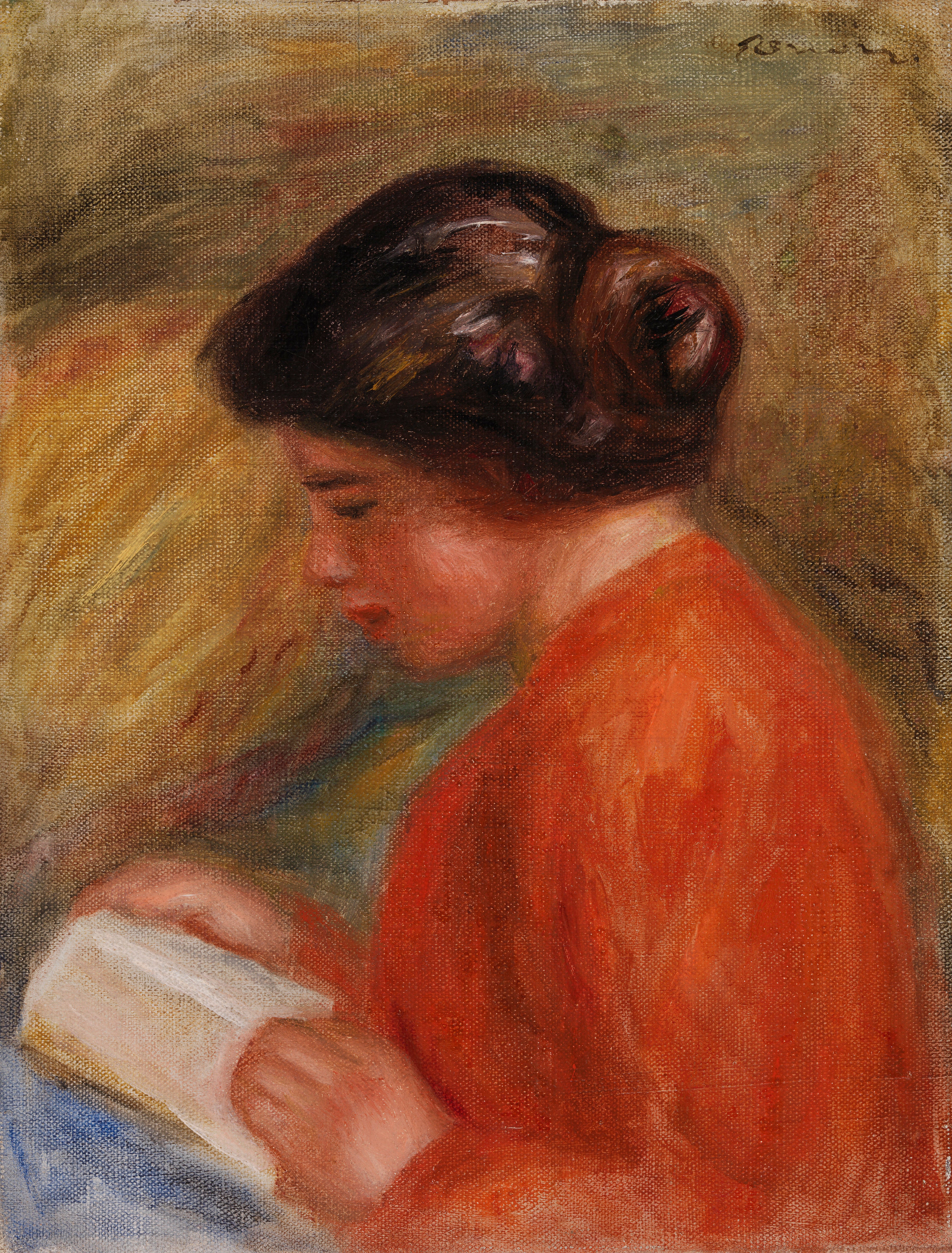 Reproduction du tableau « Jeune femme lisant, buste - Pierre-Auguste Renoir » par Alpha Reproduction en peinture à l’huile
