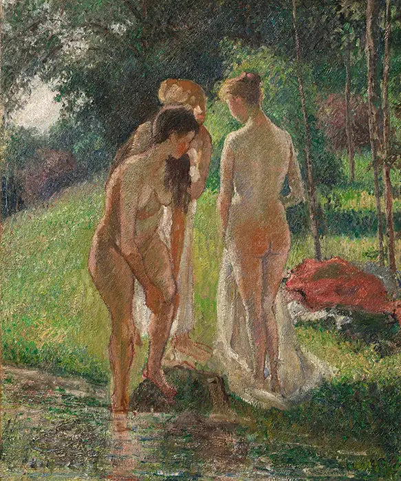 Tre badande som kommer ut ur badet - Camille Pissarro
