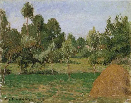 Bakgrunden av ängen i Eragny, med höstack till höger - Camille Pissarro