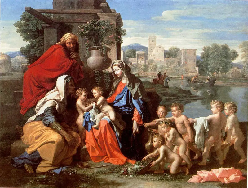 Den heliga familjen med heliga Elisabeth, den lille helige Johannes och putti - Nicolas Poussin