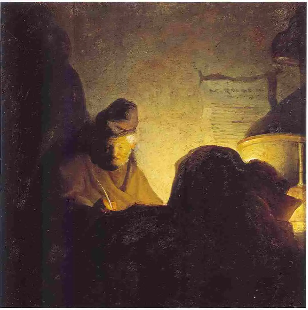 Reproduction du tableau « Un érudit à la lueur des bougies - Rembrandt » par Alpha Reproduction en peinture à l’huile