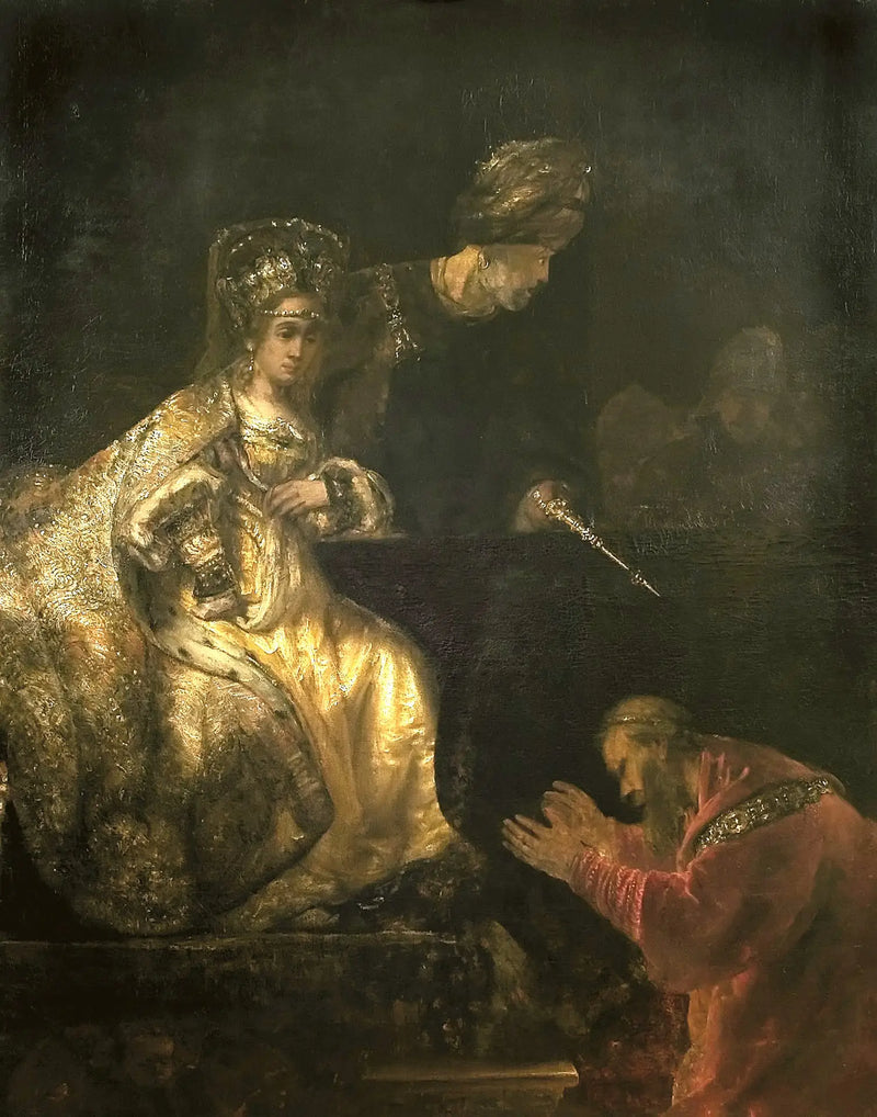Haman bönar Esther att ge honom livet tillbaka - Rembrandt