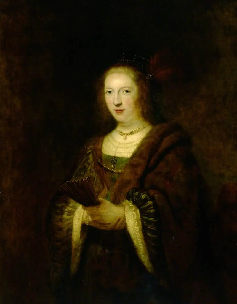 Dam som håller en fläkt - Rembrandt