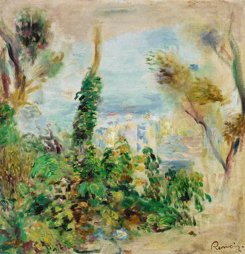 Landskap, i förgrunden klättrande blommor, i bakgrunden hus - Pierre-Auguste Renoir