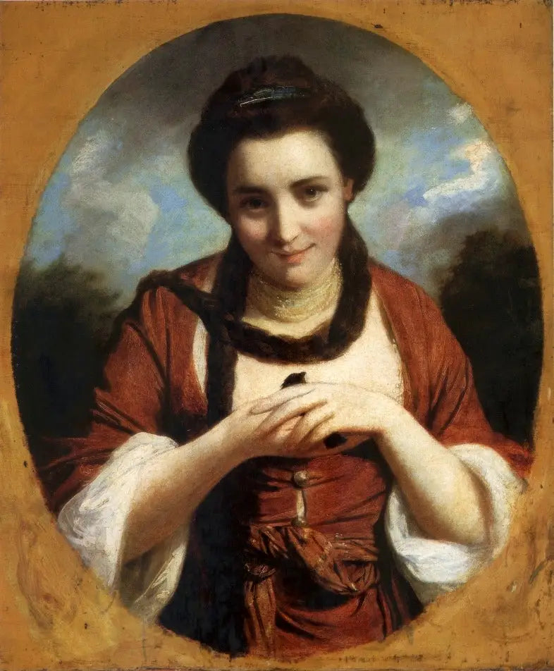 Porträtt av Miss Nelly O'Brien med en fågel. - Joshua Reynolds