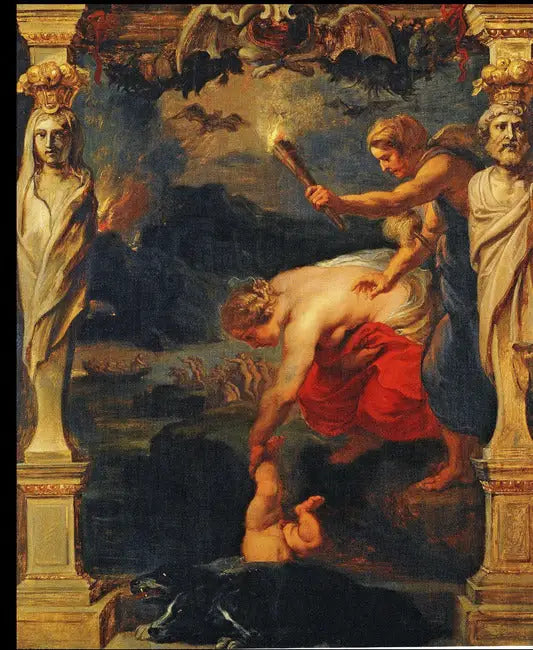 Achille dyker ner i floden Styx - Peter Paul Rubens
