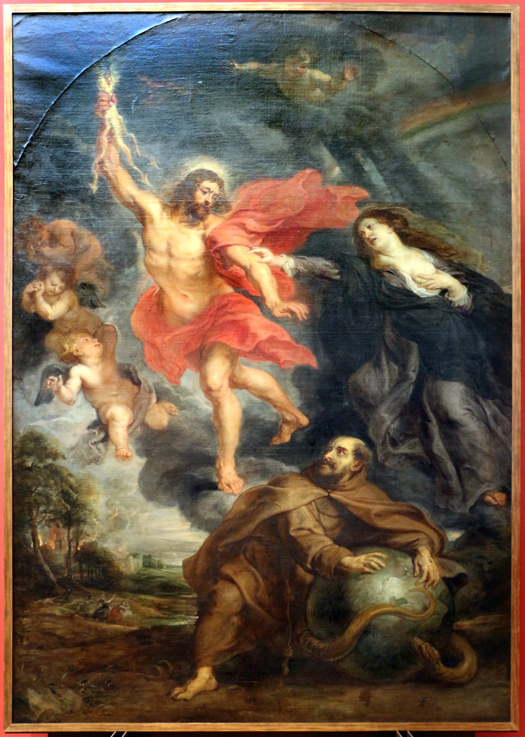 Jungfruns och Sankt Franciskus förmedling som stoppar de gudomliga blixtarna - Peter Paul Rubens