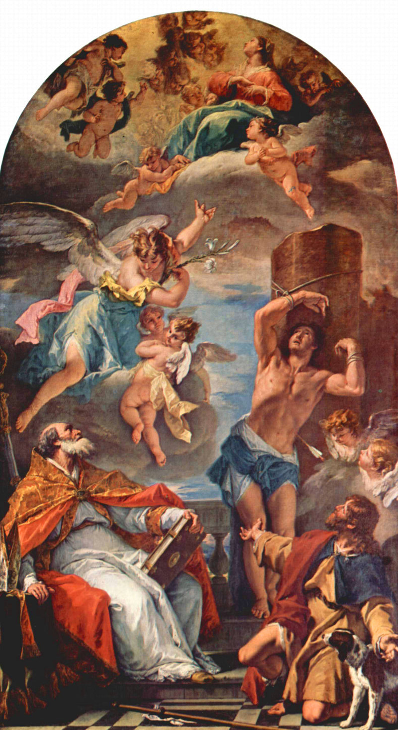 Madonna i härlighet med ärkeängeln Gabriel och helige Eusèbe, helige Sebastian och helige Roch - Sebastiano Ricci