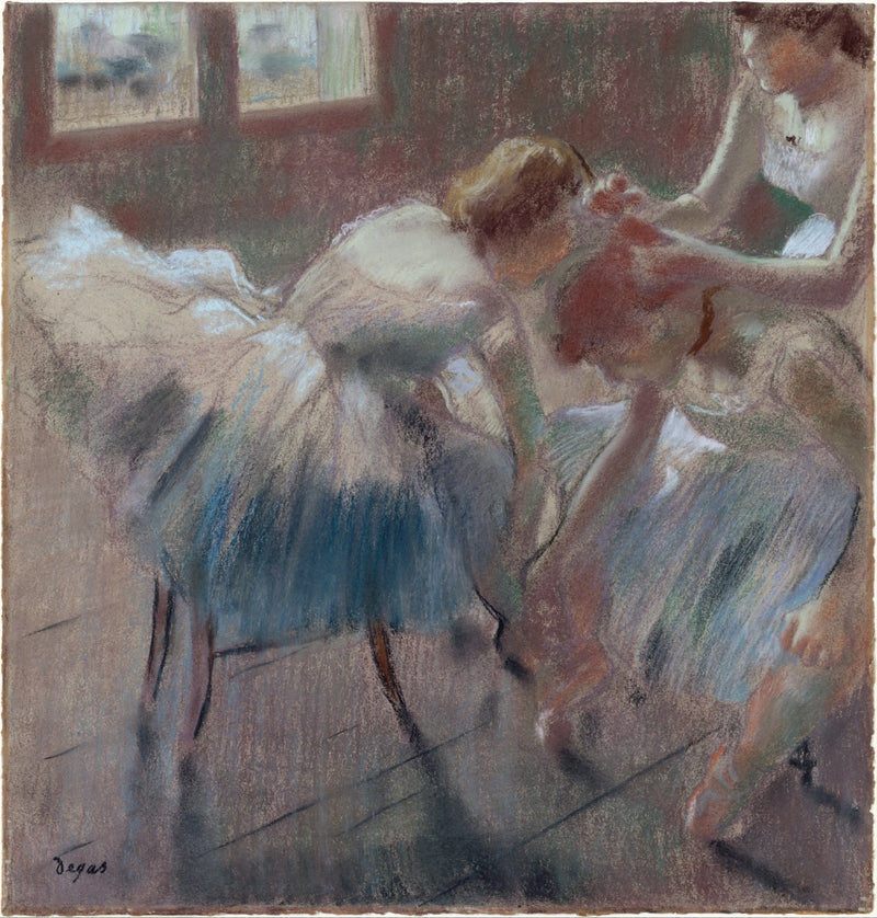 Tre dansare förbereder sig för lektionen - Edgar Degas