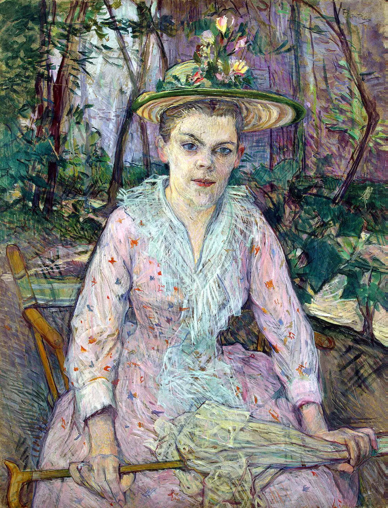 Kvinna med parasoll, kallad Berthe la Sourde, sittande i M. Forests trädgård - Henri de Toulouse-Lautrec