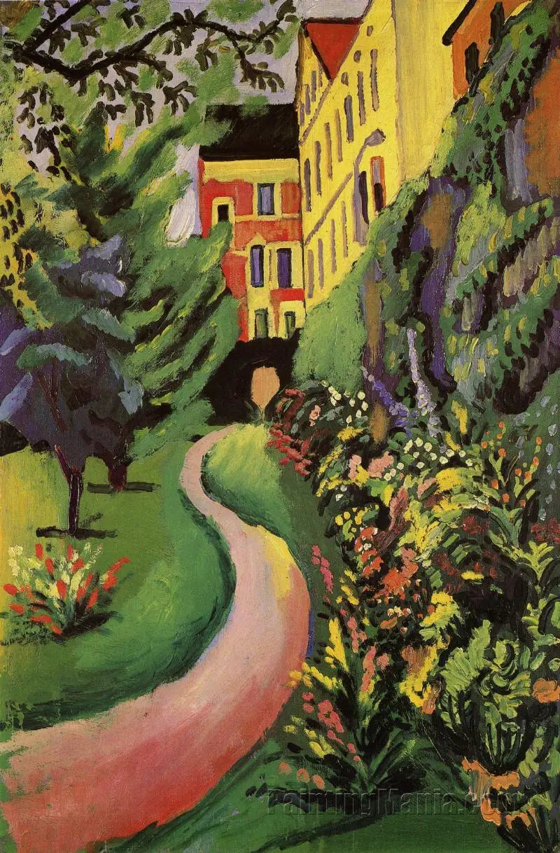Vår trädgård med sina blomsterkanter - August Macke