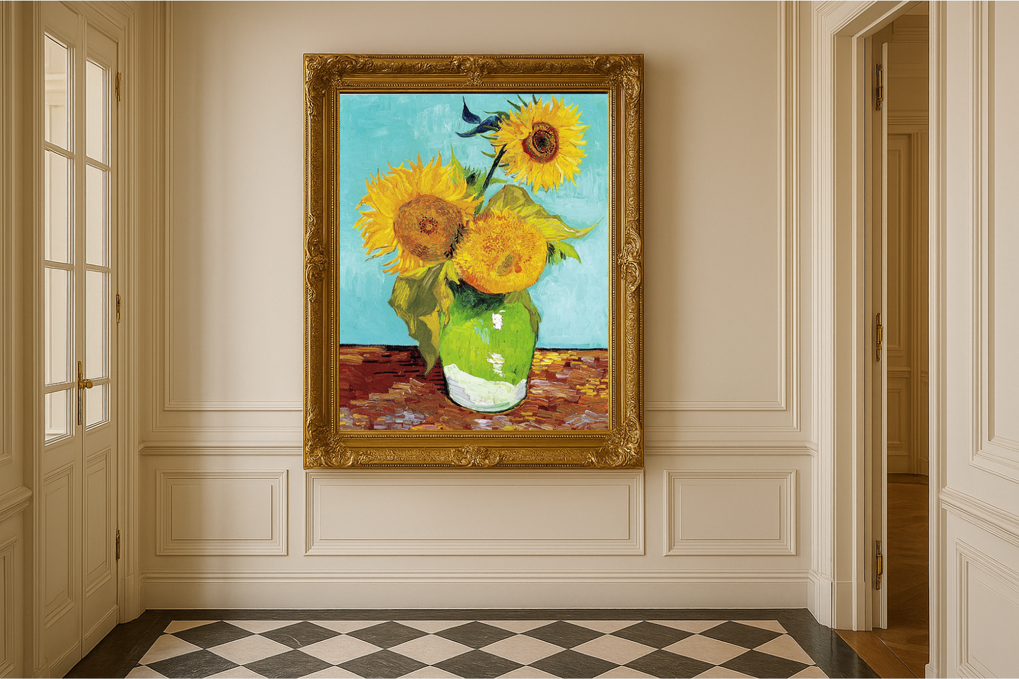 🌻 Solrosor (turkos bakgrund) – Vincent van Gogh (1888)