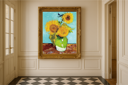 🌻 Solrosor (turkos bakgrund) – Vincent van Gogh (1888)