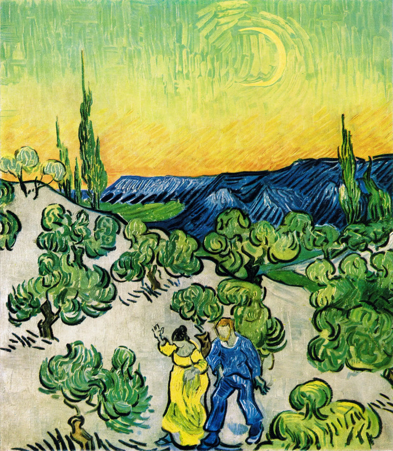 Landskap med ett par som går och en halvmåne - Vincent van Gogh