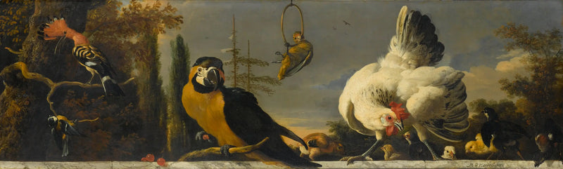 Fåglar på en balustrad - Melchior de Hondecoeter