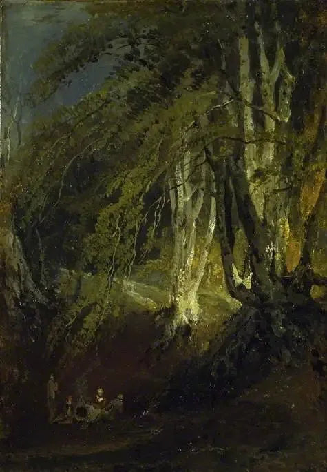 En bokträ med romer runt en lägereld - J. M. W. Turner