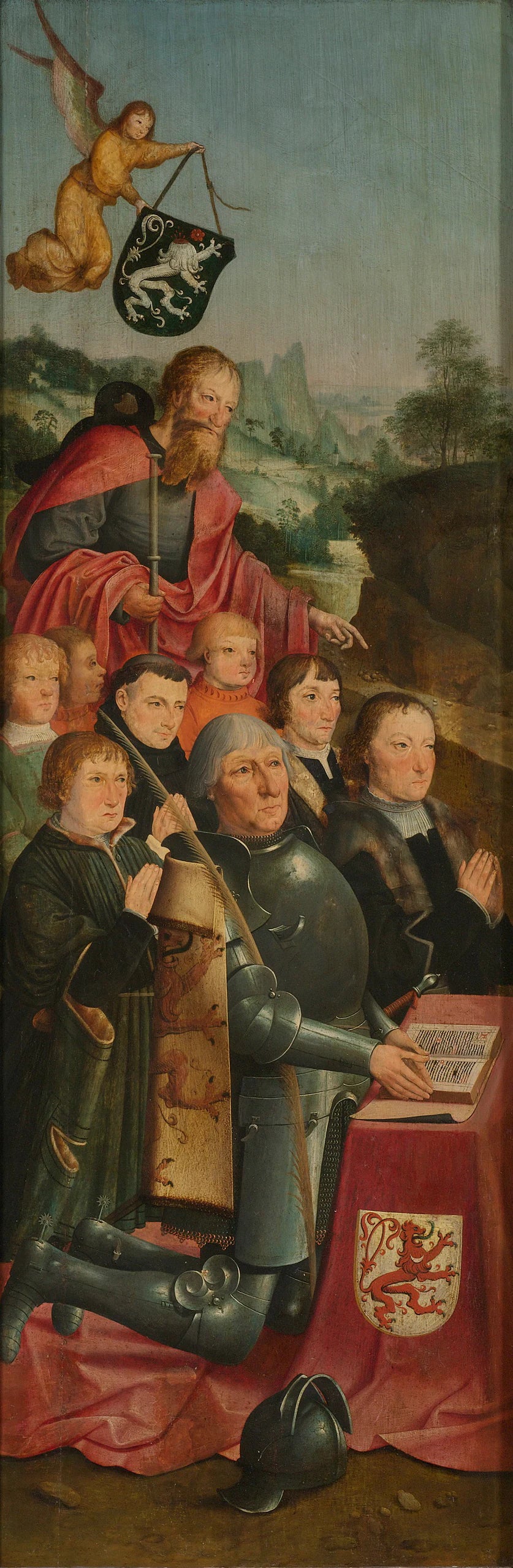 Aile gauche d'une table commémorative avec huit portraits masculins (à l'intérieur de l'aile gauche), probablement Willem Jelysz van Soutelande (?-1515/16) et sa famille, avec Saint Jacques le Majeur et le fa - Maître d'Alkmaar