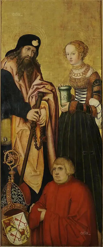 Altaret i den västra katedralen i Naumburg [höger vinge]: aposteln Jakob den Äldre och heliga Maria Magdalena med biskop Jean III av Schönberg (1492-1517) som donator [intérieur] - Lucas Cranach den äldre