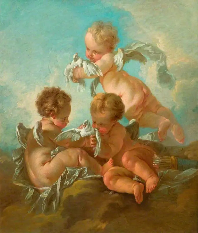 Luft: Tre putti med fåglar - François Boucher