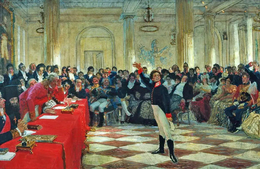Alexandre Sergueïevitch Pouchkine reciterar sin dikt framför Gavrila Derjavin under gymnasieexamenet i Tsarskoje Selo den 8 januari 1815. - Ilya Repin