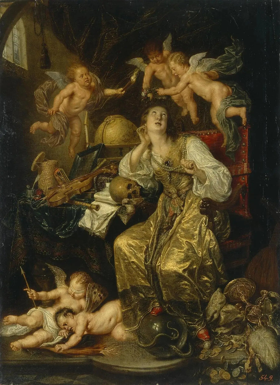 Allmänning av försiktighet som triumferar över fåfänga (Allmänning av tron) - David Teniers den yngre