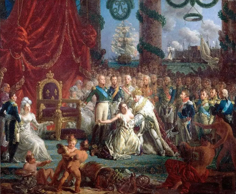Allegori om Bourbons återkomst den 24 april 1814: Ludvig XVIII återupprättar Frankrike från dess ruiner. - Louis-Philippe Crépin