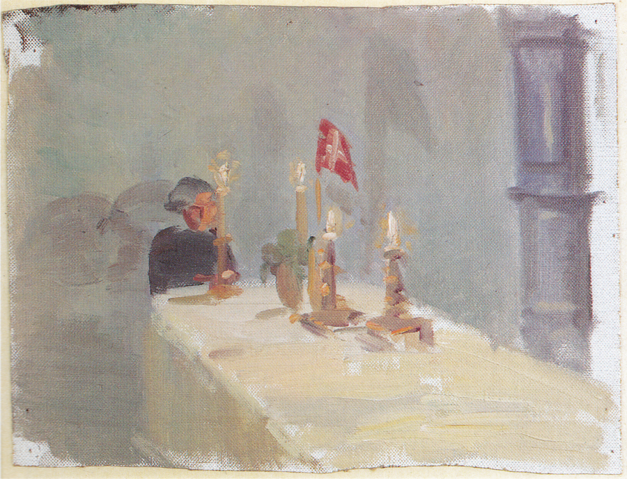 Födelsedag. En kvinna vid änden av ett bord med ljus och en flagga. - Anna Ancher
