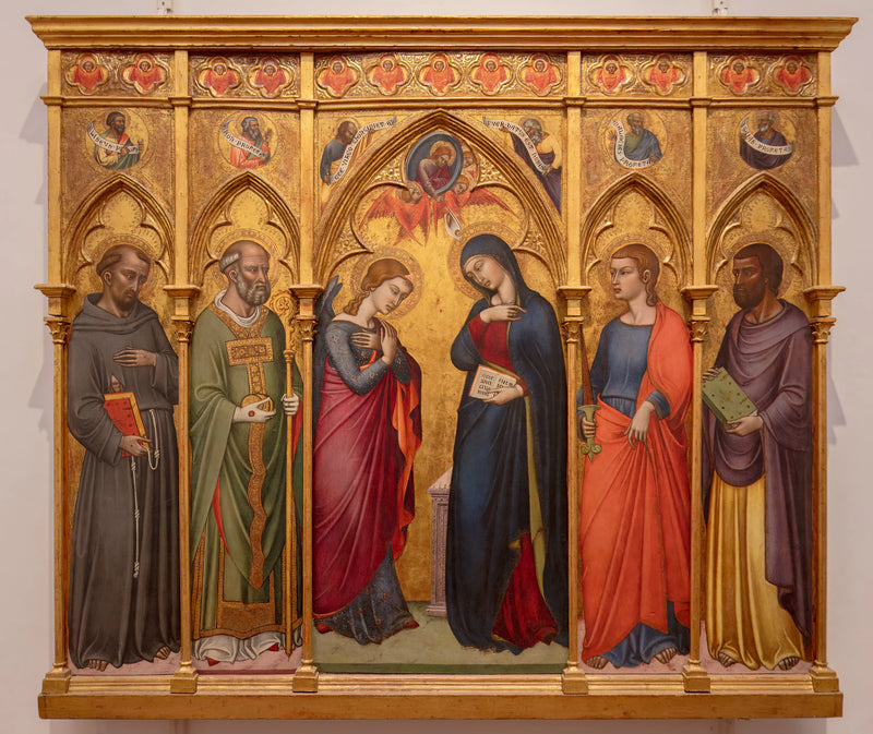L'Annonciation avec saint François, saint Nicolas, saint Thomas et saint Jean l'Évangéliste - Luca di Tommè